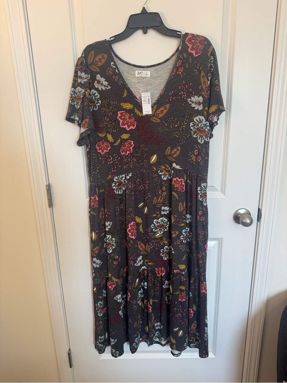 Maurices Dark Gray Floral V-Neck Tiered Midi Dress